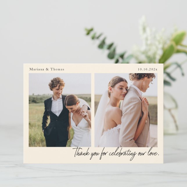 Script Modern Wedding 2 Photos Thank You Card (Standing Front)
