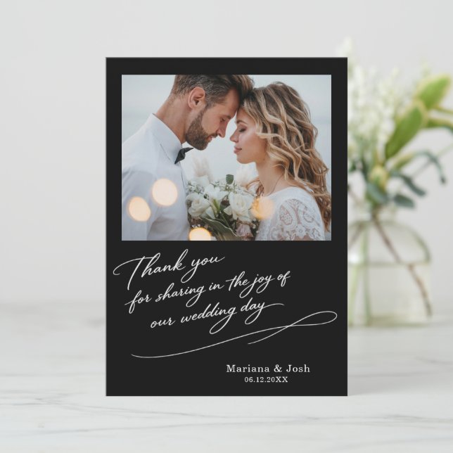 Script Modern Wedding 2 Photos Thank You Card (Standing Front)