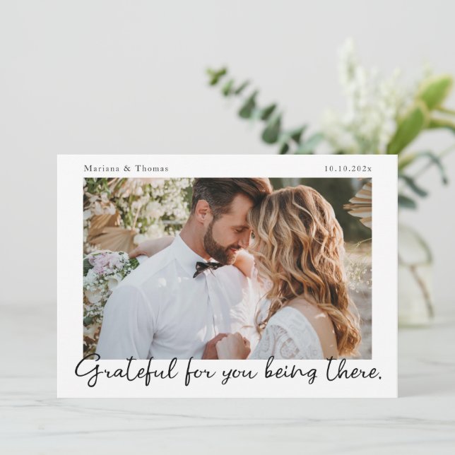 Script Modern Wedding Photo Thank You Card (Standing Front)