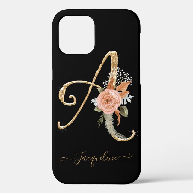 Script Monogram A Black Gold BOHO Pink Floral Leaf Case-Mate iPhone Case (Back)