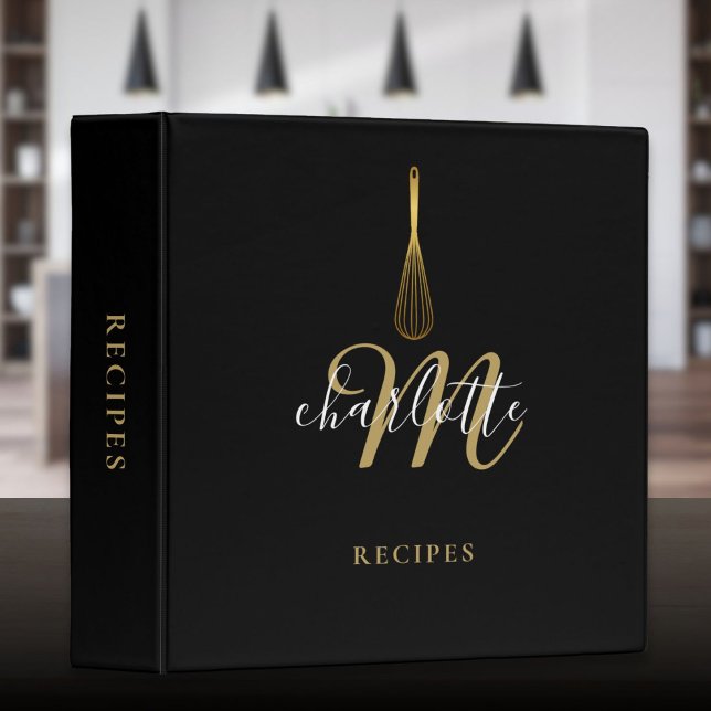 Script Monogram Black Gold Whisk Recipe 3 Ring Binder (Script Monogram Black Gold Whisk Recipe 3 Ring Binder)