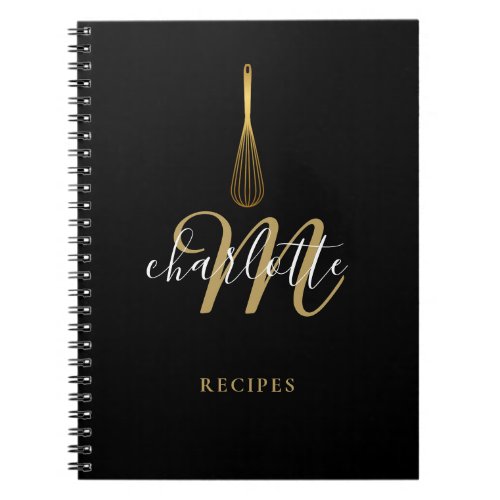 Script Monogram Black Gold Whisk Recipe Notebook