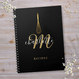 Script Monogram Black Gold Whisk Recipe Notebook