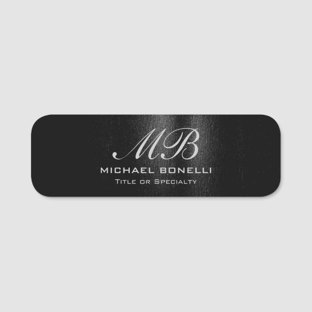 Script monogram black gray modern cute name tag (Front)
