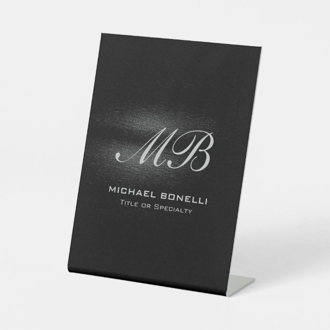Script monogram black gray modern cute pedestal sign (Front)
