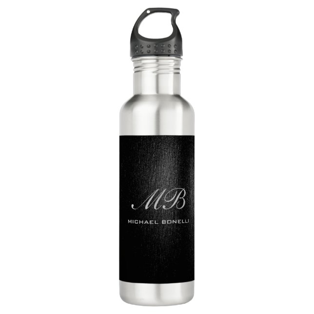 Script monogram black gray modern cute stainless steel water bottle (Front)