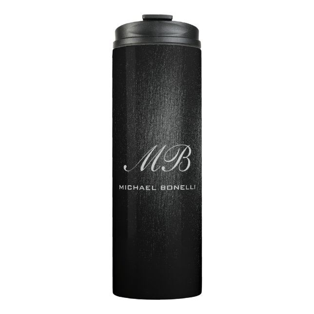 Script monogram black gray modern cute thermal tumbler (Front)