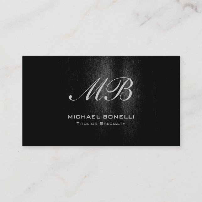 Script monogram black gray pattern business card (Front)