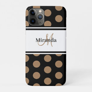 Script Monogram Black White Brown Polka Dots iPhone 11 Pro Case