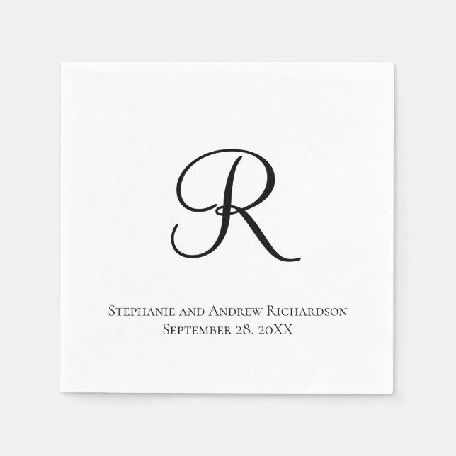 Script Monogram Black White Elegant Wedding Napkin (Front)