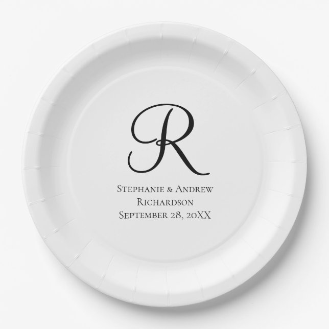 Script Monogram Black White Elegant Wedding Paper Plates (Front)