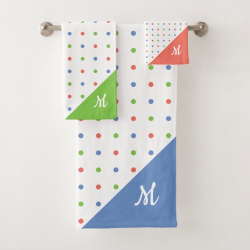 Script Monogram Blue Coral Green Polka Dot Pattern Bath Towel Set