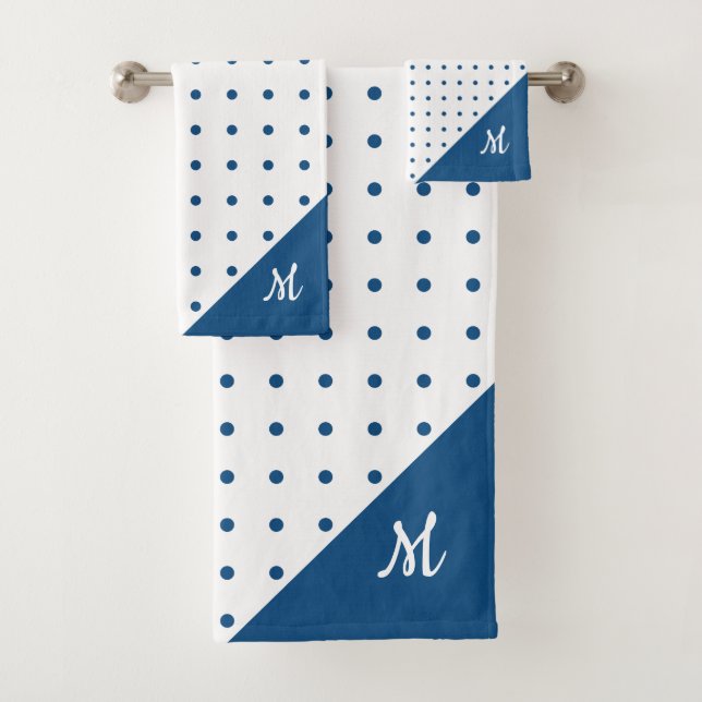 Script Monogram Blue on White Polka Dot Pattern Bath Towel Set (Insitu)
