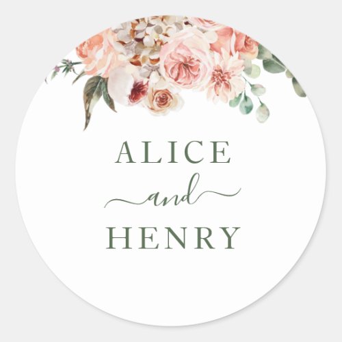 Script Monogram Blush Pink Roses Greenery Wedding Classic Round Sticker