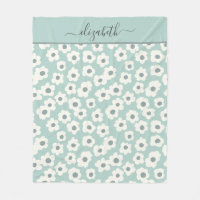 Script Monogram Boho Green White Gray Floral  Fleece Blanket