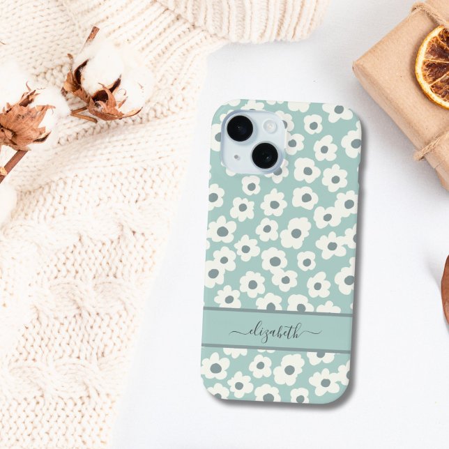 Script Monogram Boho Green White Gray Floral  Iphone Case (Mint Green White Gray Floral Boho Monogrammed name iPhone case)