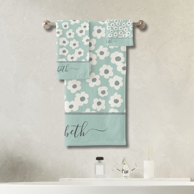 Script Monogram Boho Sage Green White Gray Floral  Bath Towel Set (Boho Mint Green White Gray Floral Wildflowers Bath Towel Set Monogrammed name)