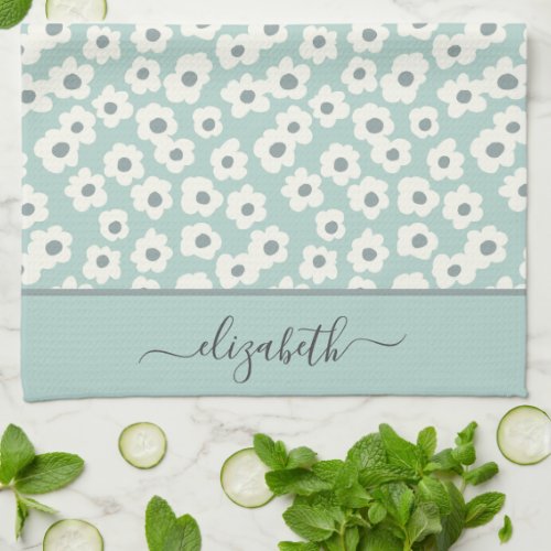 Script Monogram Boho Sage Green White Gray Floral  Kitchen Towel