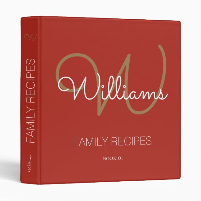 Script Monogram Family Recipes . red modern 3 Ring Binder (Front/Spine)