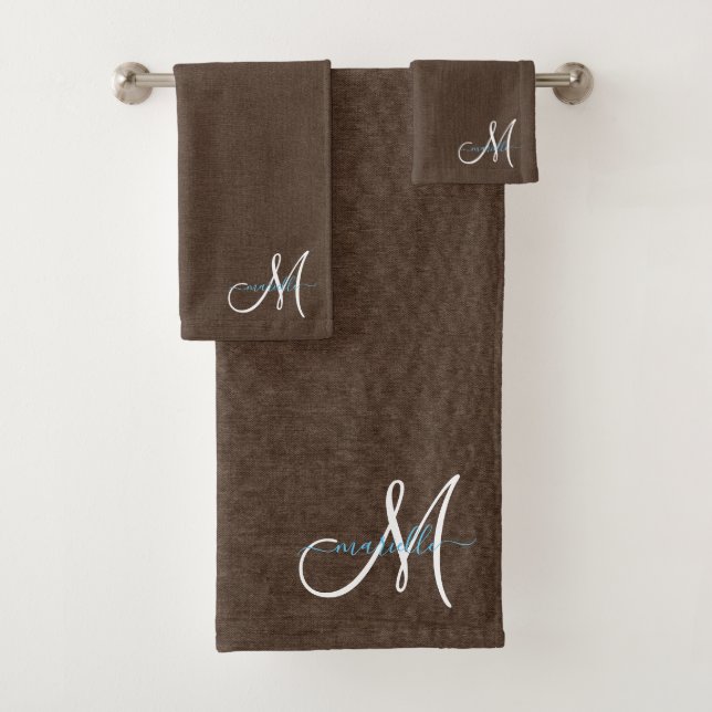 Script Monogram Faux Linen Dark Brown Bath Towel Set (Insitu)
