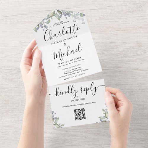 Script Monogram Floral QR Code Wedding  All In One Invitation