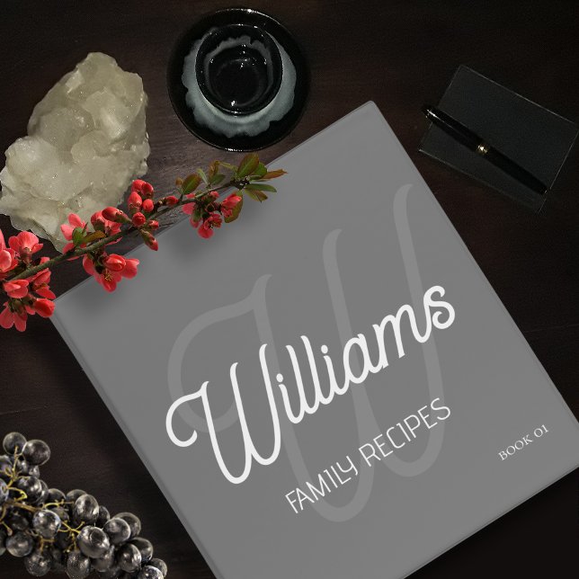 Script Monogram for Family Recipes Modern Gray 3 Ring Binder (Creator Uploaded)