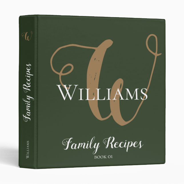 script monogram for family recipes, modern green binder (Front/Spine)