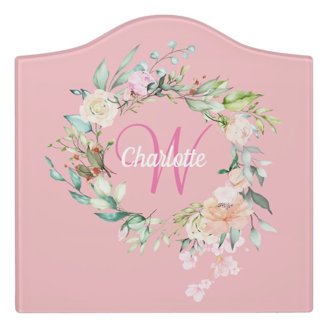 Script Monogram Girly Pink Floral Roses  Door Sign (Large Crest Front)