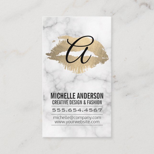 Script Monogram Gold Kiss Stain Marble Business Card (Front)