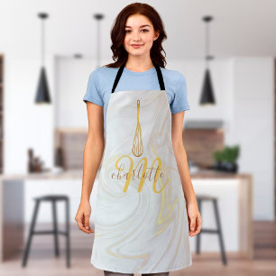 Script Monogram Gold Whisk Marble Swirls Apron