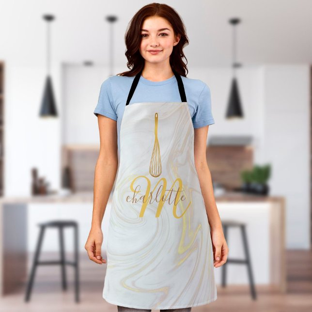 Script Monogram Gold Whisk Marble Swirls  Apron (Creator Uploaded)