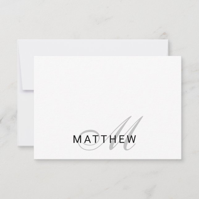 Script Monogram Gray Black Note Card (Front)