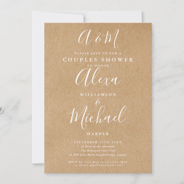 Script Monogram Kraft Couples Wedding Shower Invitation (Front)