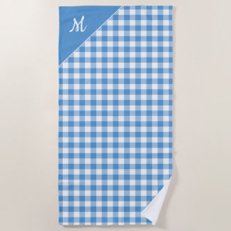 Script Monogram Light Blue Buffalo Check Pattern Beach Towel