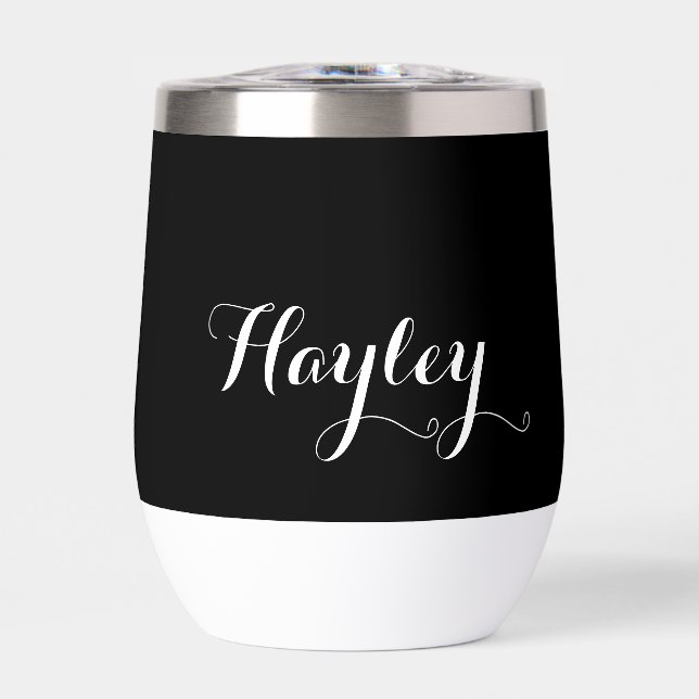 Script monogram modern black thermal wine tumbler (Front)
