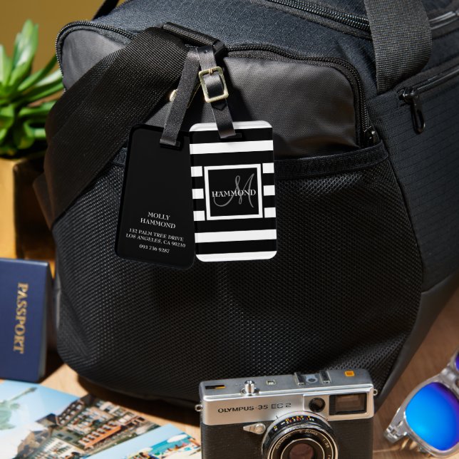Script Monogram | Modern Stripy Luggage Tag (Front & Back)