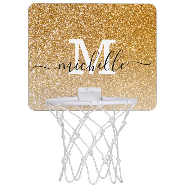 Script Monogram Monogrammed Elegant Gold Glitter  Mini Basketball Hoop (Front)