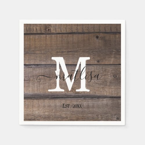 Script Monogram Name Rustic Established date  Napkins