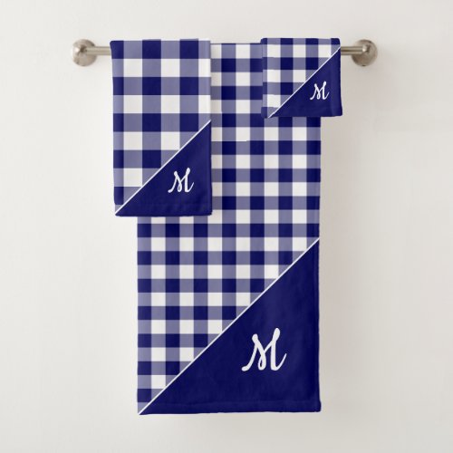 Script Monogram Navy Blue White Checked Pattern Bath Towel Set