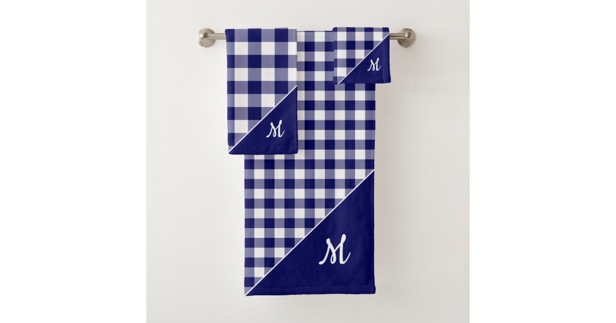 Script Monogram Navy Blue White Checked Pattern Bath Towel Set