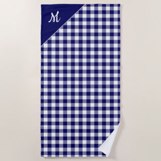 Script Monogram Navy White Buffalo Check Pattern Beach Towel