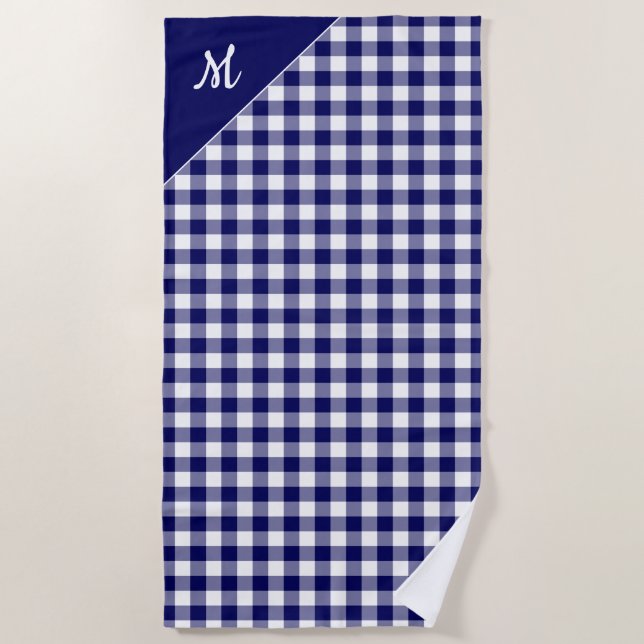 Script Monogram Navy White Buffalo Check Pattern Beach Towel (Front)