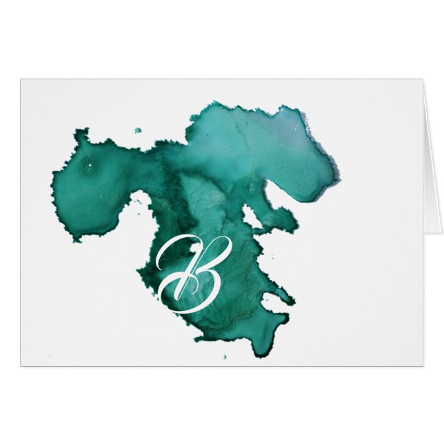 Script Monogram Note Cards- Watercolor Splat Teal Cards (Front Horizontal)