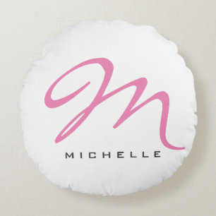 Script Monogram Pink Calligraphy Your Name Gift Round Pillow