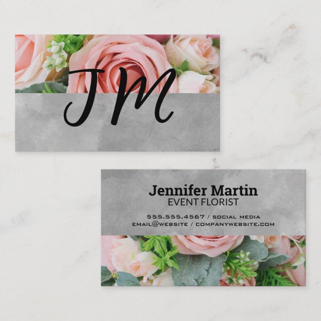 Script Monogram Pink Roses Flowers Business Card (Front/Back)