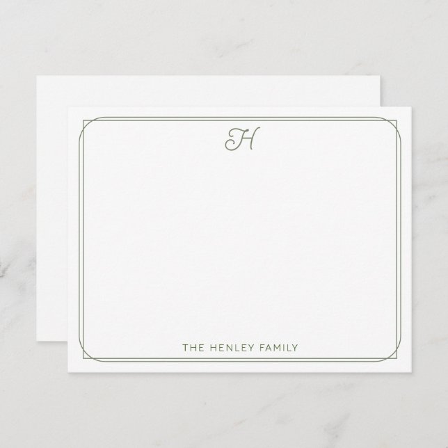 Script Monogram Pretty Family Stationery Green Note Card (Front/Back)