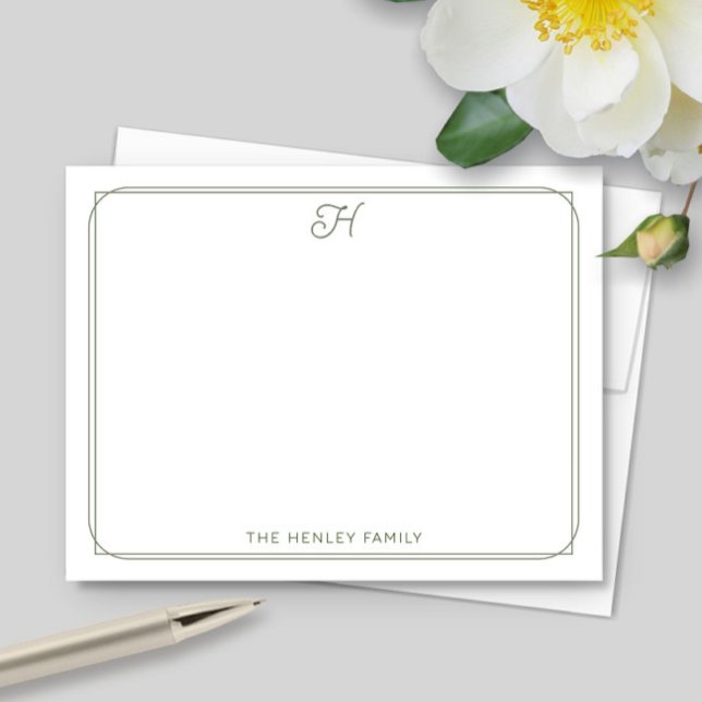 Script Monogram Pretty Family Stationery Green Note Card (Creator Uploaded)