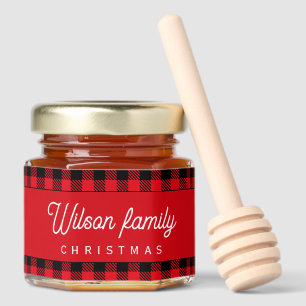 Script monogram, red black buffalo plaid  honey jar favors