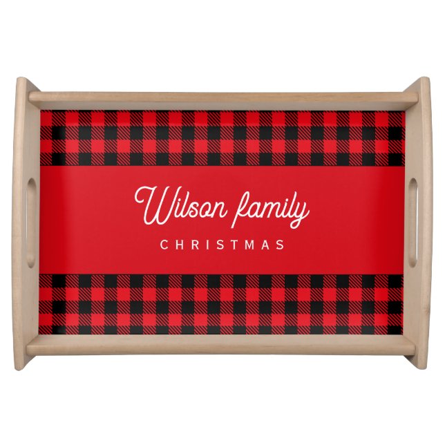 Script monogram, red black buffalo plaid  serving tray (Front)