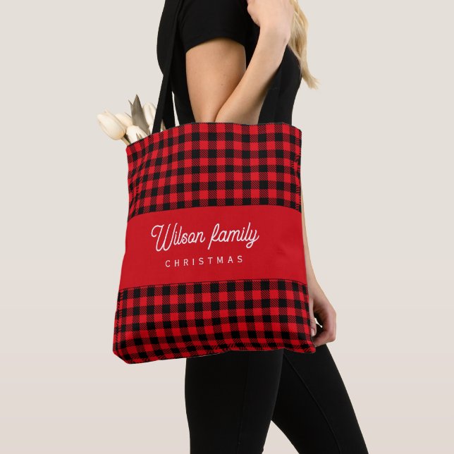 Script monogram, red black buffalo plaid  tote bag (Close Up)